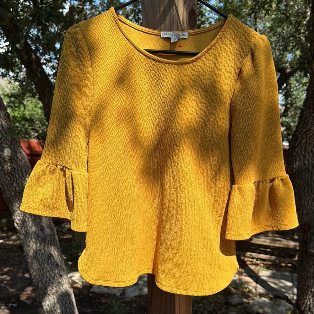 Green Envelope Yellow Ruffled Bell Sleeve Blouse